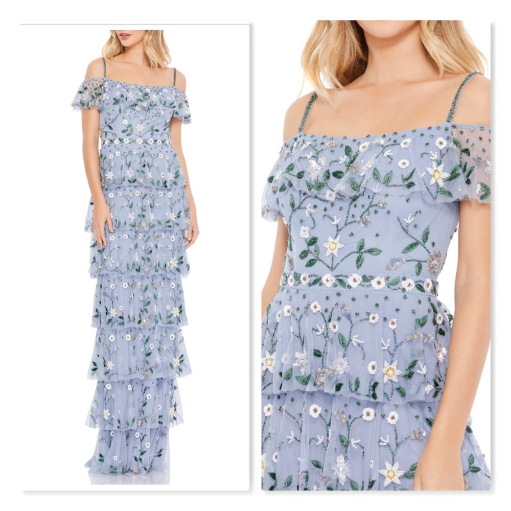 Mac Duggal Beaded Floral Tiered Chiffon Column Gown size 6 in Stormy Blue - NEW